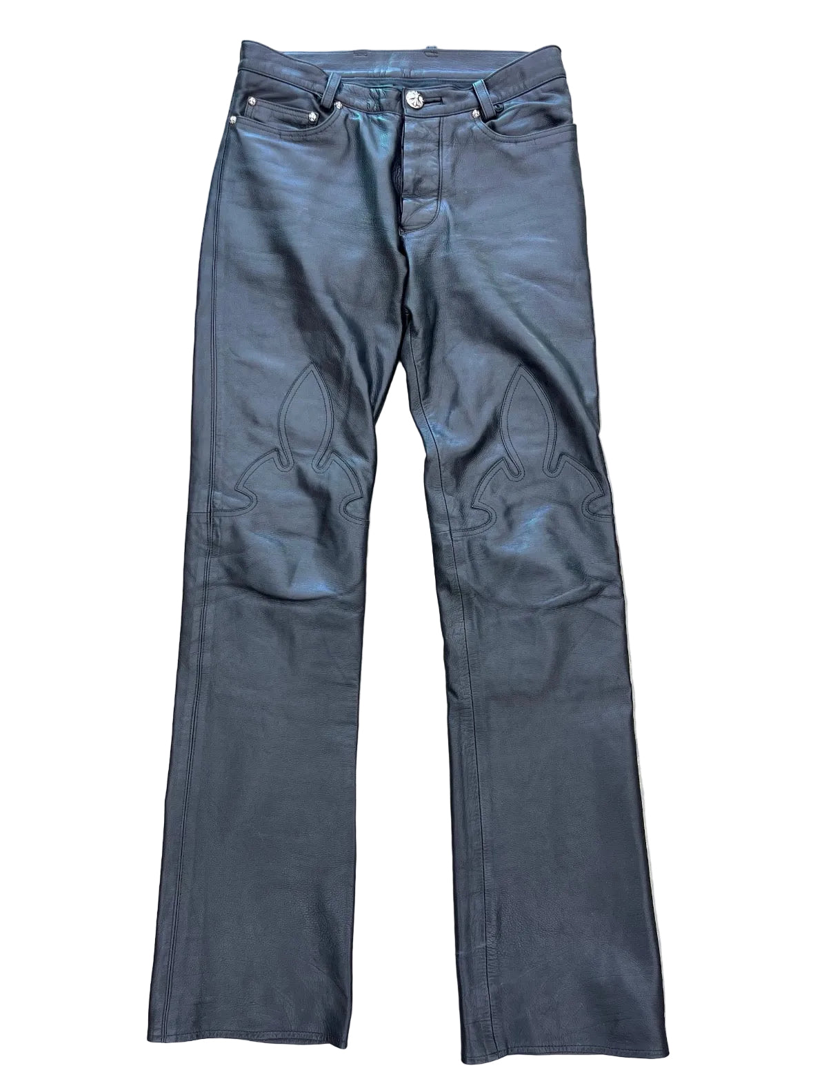 CHROME HEARTS LEATHER FLEUR KNEE BOOTCUT PANTS